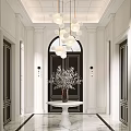 Elegant Modern Entryway With Arched Door Globe Pendant Lights Round Table And Flower Vase