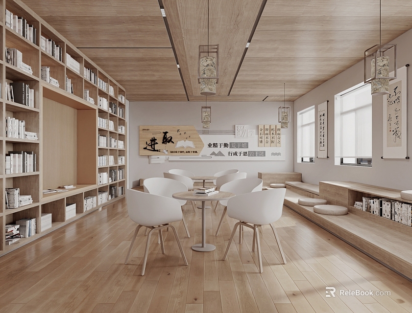 Modern Book Art Library Interior With Wooden Bookshelves White Tables Chairs And Calligraphy 3d model 