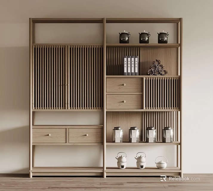 Modern Wooden Display Shelf With Multiple Compartments Drawers Jars Books And Decorative Items 3d model 