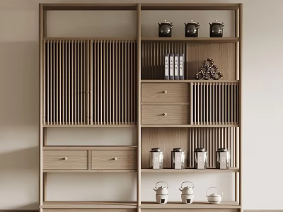 Modern Wooden Display Shelf With Multiple Compartments Drawers Jars Books And Decorative Items 3d model