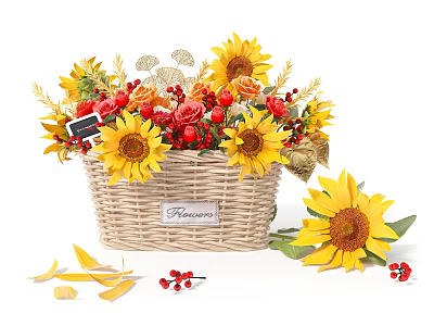 Wicker Basket Floral Arrangement With Sunflowers Red Berries Golden Decorations And Scattered Petals 3d model