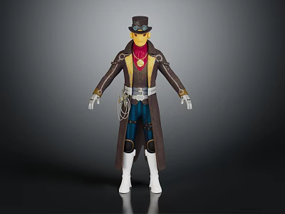 Humanoid Character Creature Figure In Top Hat Brown Coat Red Scarf Blue Pants White Boots 3d model