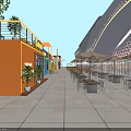 Modern Commercial Street Featuring Unique Architecture Coffee Shop Evening Lighting And Reflective Ground