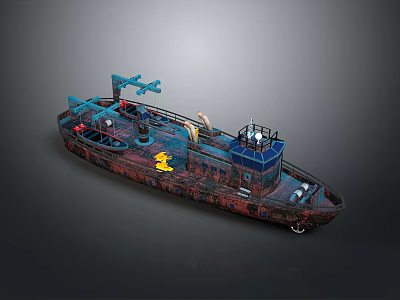 Rusty Red Brown Water Transport Boat With Blue Cabin Deck Equipment And Yellow Markings 3d model