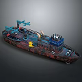 Rusty Red Brown Water Transport Boat With Blue Cabin Deck Equipment And Yellow Markings