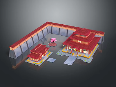 Cartoon Scene Of Traditional Chinese Buildings With Red Roofs Courtyard And Surrounding Walls 3d model