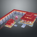 Cartoon Scene Of Traditional Chinese Buildings With Red Roofs Courtyard And Surrounding Walls