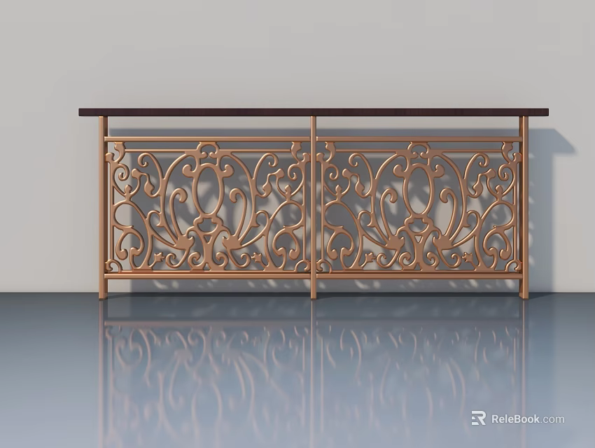 Elegant Ornate Carved Brass Swing Door With Dark Wooden Top Frame 3d model 