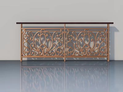 Elegant Ornate Carved Brass Swing Door With Dark Wooden Top Frame 3d model