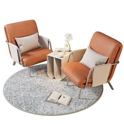 Brown Leather Leisure Chairs With Armrests Cushions Side Table And Vase On Round Geometric Rug 3d model