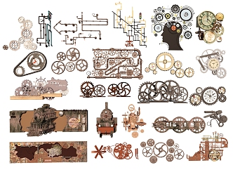 Industrial LOFT gear sculpture sketch mechanical gear wall clock locomotive hardware chain engine component cylinder 3d model