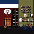 Sports Equipment Display Featuring Basketballs Sneakers Team Logos And Hoop