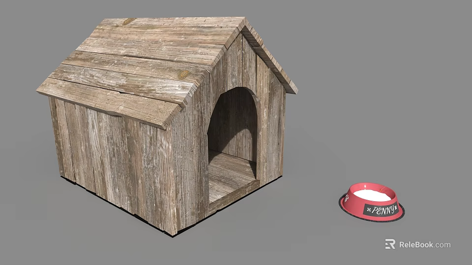 Wooden Dog House With Red Pet Food Bowl For Pet Living Supplies 3d model 