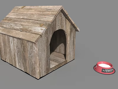Wooden Dog House With Red Pet Food Bowl For Pet Living Supplies 3d model