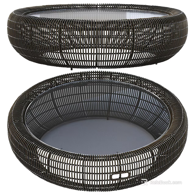 Modern Black Wicker Round Coffee Table with Stylish Woven Design 3d model 