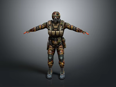 Game Movie Character Wearing Camouflage Uniform And Gas Mask With Tactical Vest And Outstretched Arms 3d model