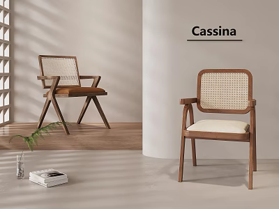 Cassina Modern Leisure Chair With Wicker Backrest And Wooden Frame In Natural Light Interior Space 3d model