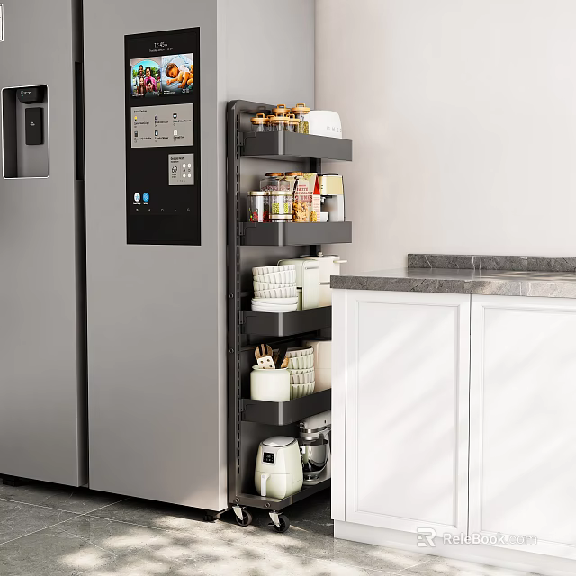 Multi tier Black Kitchen Storage Rack With Jars Bowls And Small Appliances 3d model