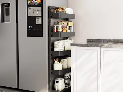 Multi tier Black Kitchen Storage Rack With Jars Bowls And Small Appliances 3d model