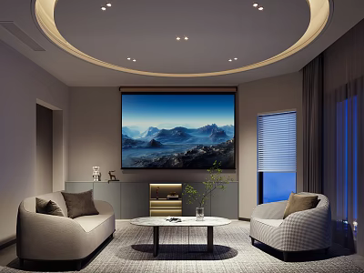 Home Theater Interior Design With Large Screen Mountain View Comfortable Sofas Coffee Table And Plant 3d model