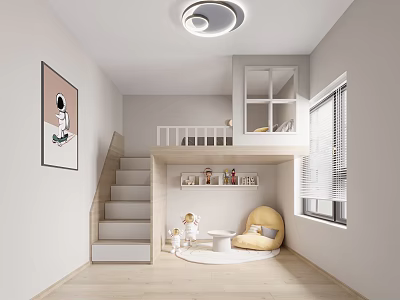 Minimalist Children's Room With Loft Bed Stairs And Decorations 3d model