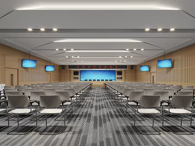 Spacious Meeting Room Interior With Neatly Arranged Chairs Ceiling Lighting TV Screens And Wooden Walls 3d model