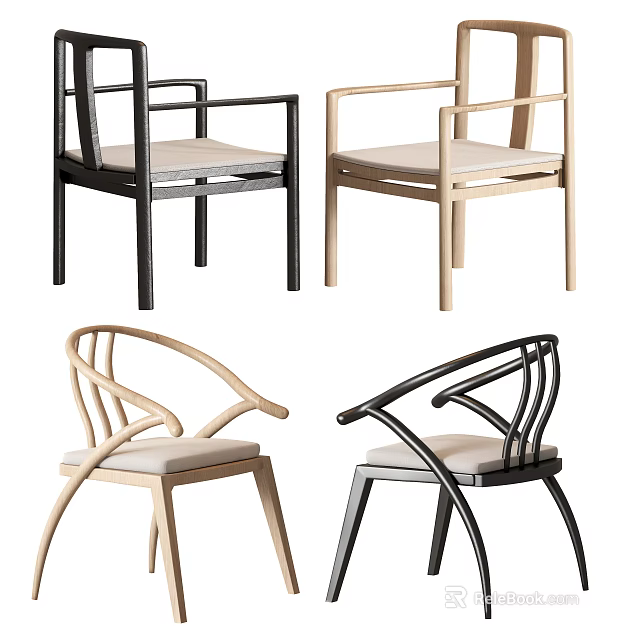 Modern Leisure Chairs With Wooden Metal Frames Beige Black Colors And Fabric Seats 3d model 