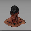 Red And Black Mechanical Bust Sculpture With Mask Design And Intricate Details