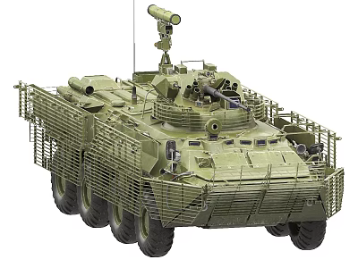 Military Wheeled Tank With Cage Armor Top Mounted Weapon And Sensor Antenna 3d model