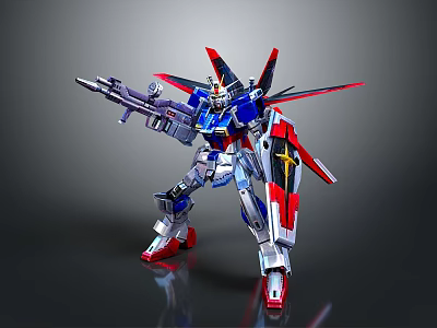 Gundam Robot Figure With Red Blue White Armor Standing Pose And Gun Weapon 3d model