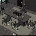 Modern Tea Table and Grey Upholstered Chairs with Marble Top and Tea Set 3d model