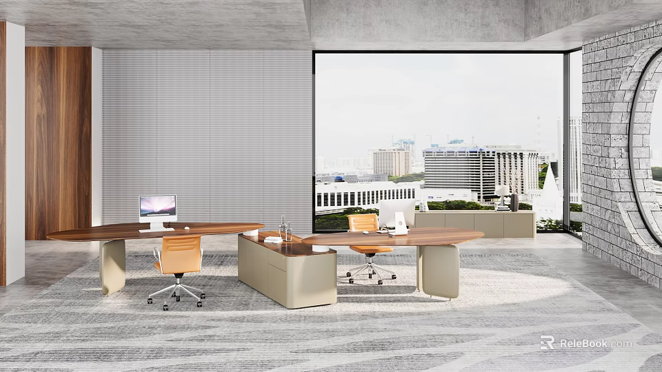 Modern Office Interior With Large Windows City View Wooden Desks And Orange Chairs 3d model 
