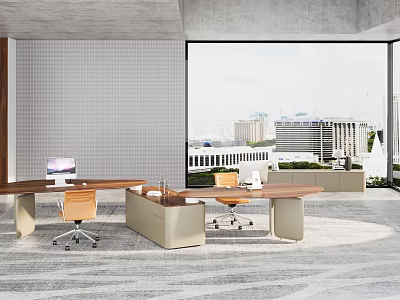 Modern Office Interior With Large Windows City View Wooden Desks And Orange Chairs 3d model