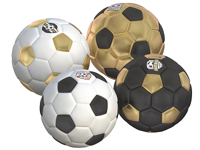 Sports Equipment Featuring Various Colored Soccer Balls With Gold Black And White Designs 3d model