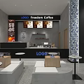 Modern Café Interior With Large Windows Gray Walls Wall Text Round Tables And Bar Counter