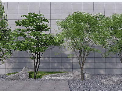 Lush Green Trees with Stones Against Gray Wall Outdoor Area 3d model