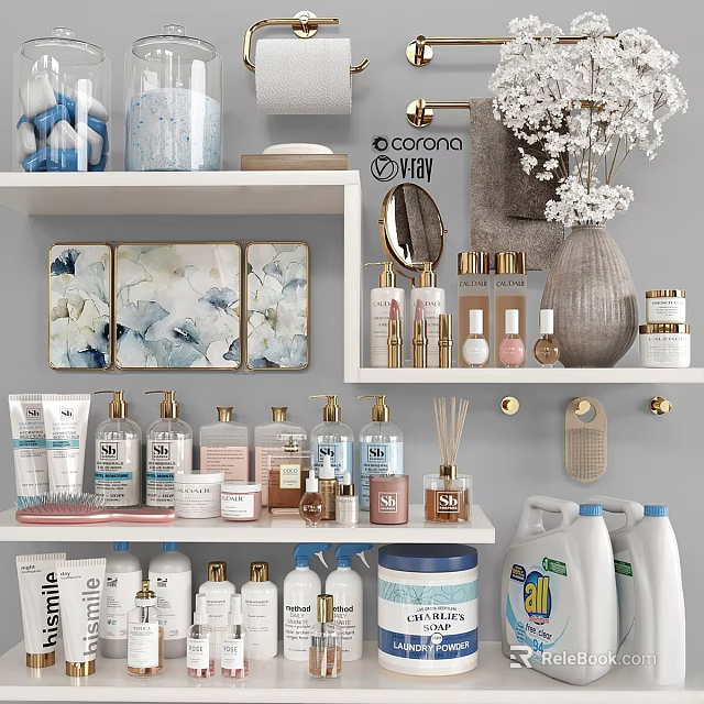 Organized Laundry and Daily Essentials Shelf with Bath Products Lotion Bottles Decorative Trays and Detergent 3d model 
