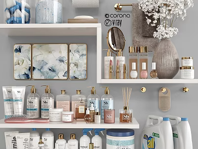 Organized Laundry and Daily Essentials Shelf with Bath Products Lotion Bottles Decorative Trays and Detergent 3d model