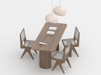 Modern Minimalist Tea Table and Chairs With Wooden Top Grid Backrests And Hanging Pendant Lights 3d model