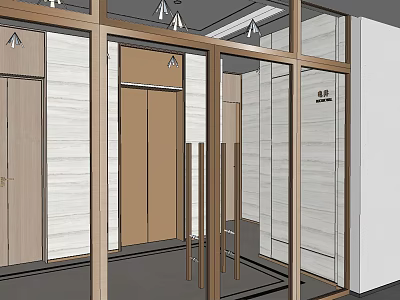 Modern Elevator Lobby Interior With Glass Doors Wooden Frames And Ceiling Lights 3d model