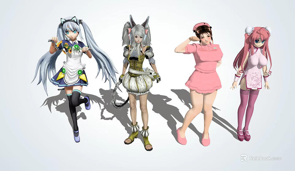 Anime Style Game Movie Characters With Long Hair And Diverse Colorful Costumes 3d model 