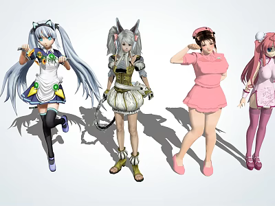 Anime Style Game Movie Characters With Long Hair And Diverse Colorful Costumes 3d model