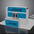 ONVIF Exhibition Booth Design With Blue White Counter Shelves And Chairs