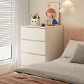 Modern White Bedroom Chest of Drawers with Flower Vase and Cartoon Lamp