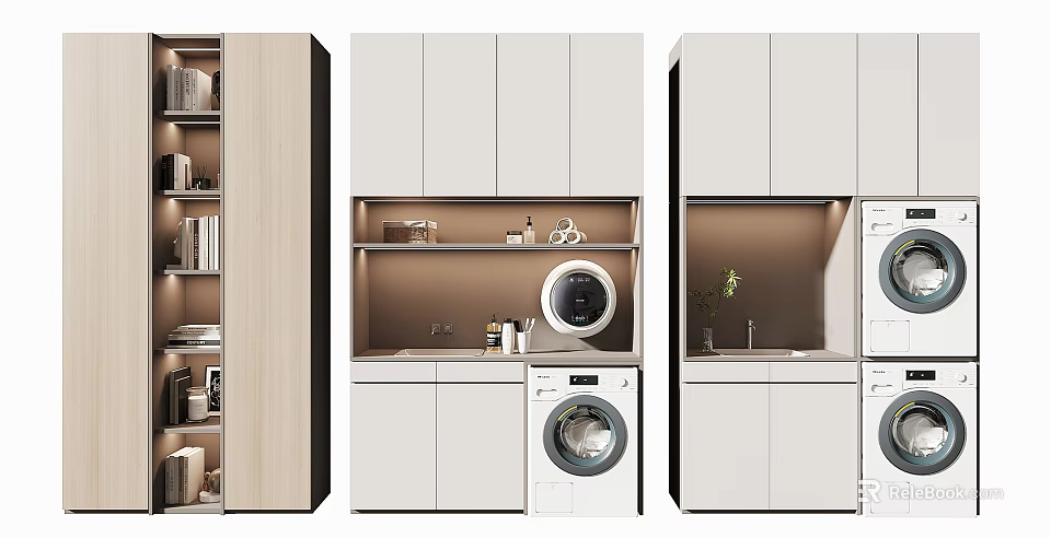 Modern Bathroom Cabinet With Washing Machine Storage Cabinets Built In Lighting And Countertop 3d model 
