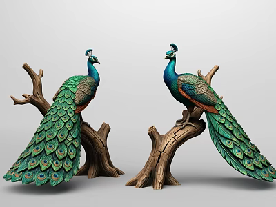Colorful Peacock Sculptures Perched on Tree Branches with Detailed Feathers 3d model
