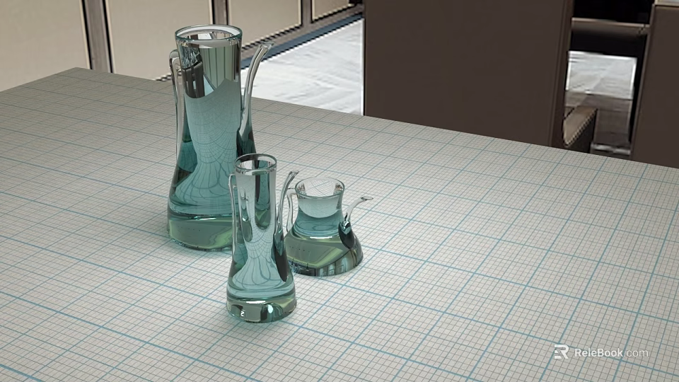 Three Glass Daily Electrical Appliances On Checkered Tabletop With Window Background 3d model 