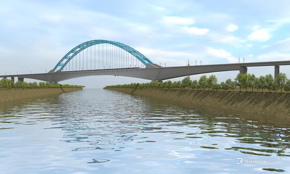 Blue Arch Bridge Spanning Over Water With Trees On Both Banks And White Clouds 3d model 