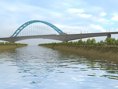 Blue Arch Bridge Spanning Over Water With Trees On Both Banks And White Clouds 3d model