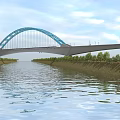 Blue Arch Bridge Spanning Over Water With Trees On Both Banks And White Clouds 3d model